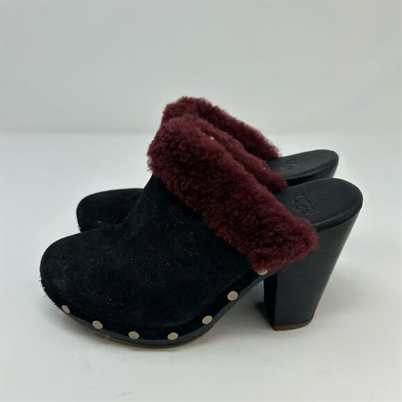 UGG Adele Women's Studded Suede Clog Heels Black with Red Fur Size 5 EU 36 - Picture 6 of 13